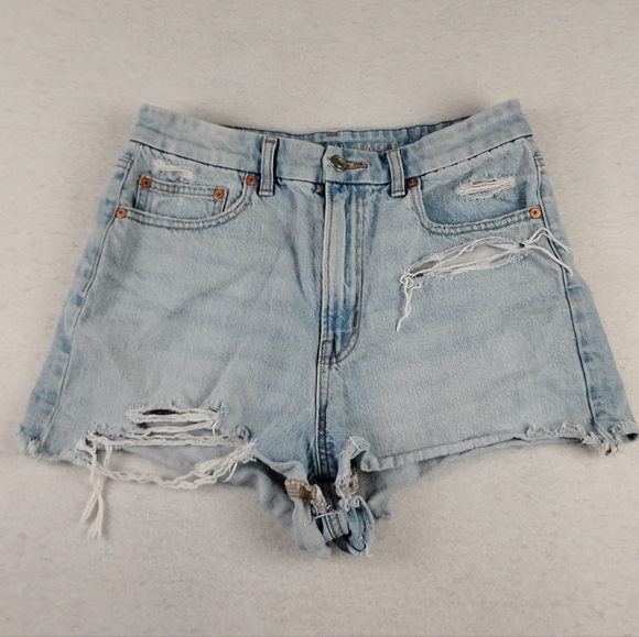 American Eagle Outfitters Light Blue Distressed High Waist Denim Shorts - Picture 2 of 6